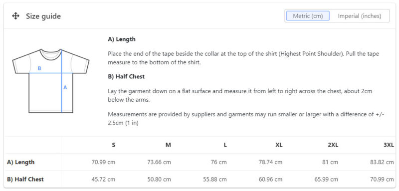 TM Cool Stuff - Graphic T-shirt metric size guide