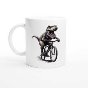 T-Rex Riding Bicycle | Cycling white ceramic mug - Side view