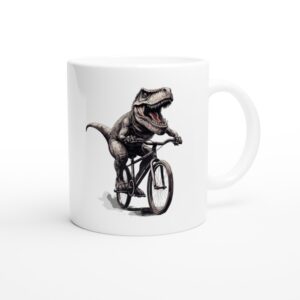 T-Rex Riding Bicycle | Cycling white ceramic mug - Side view