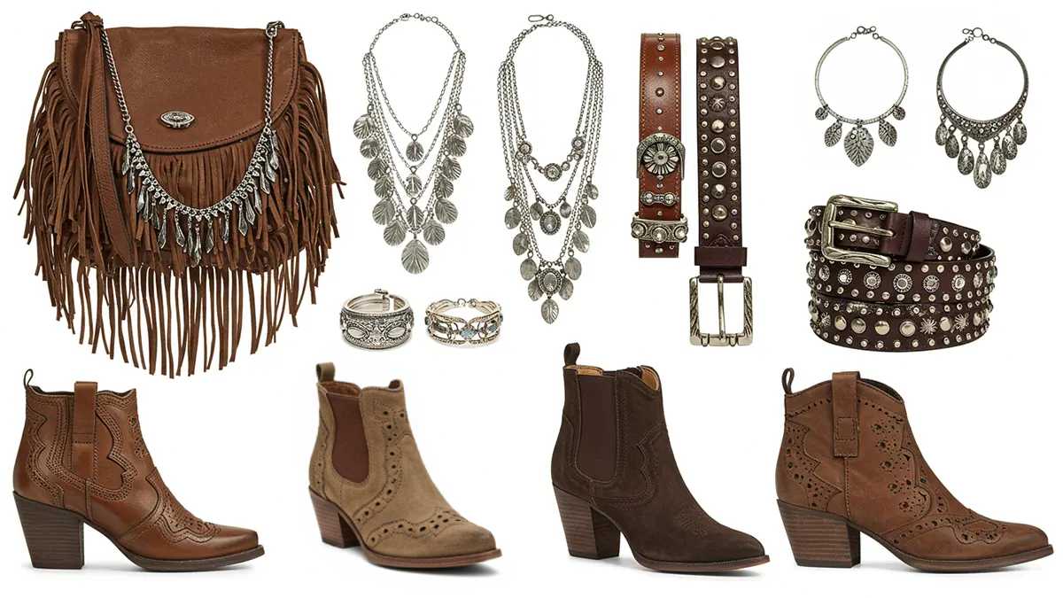 Moto Boho accessories: fringed leather bag, layered jewelry, studded belts, moto boots, western footwear.