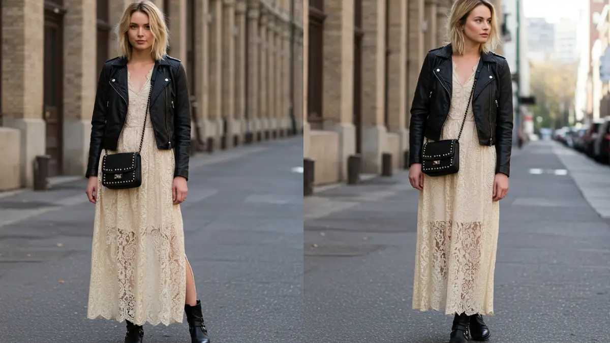 Fashion model in Moto Boho style—black leather jacket over lace maxi dress, chunky biker boots, and studded crossbody bag in urban light.