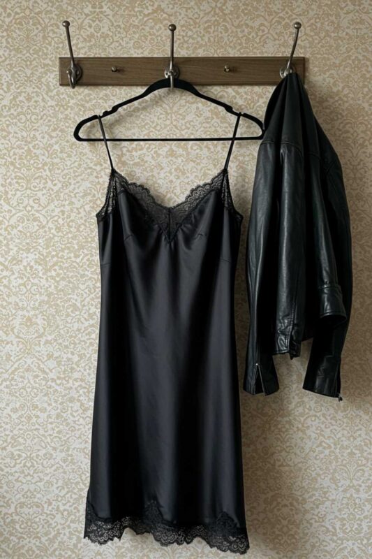 Black silk slip dress with lace details hanging beside leather jacket showing Moto Boho styling potential.