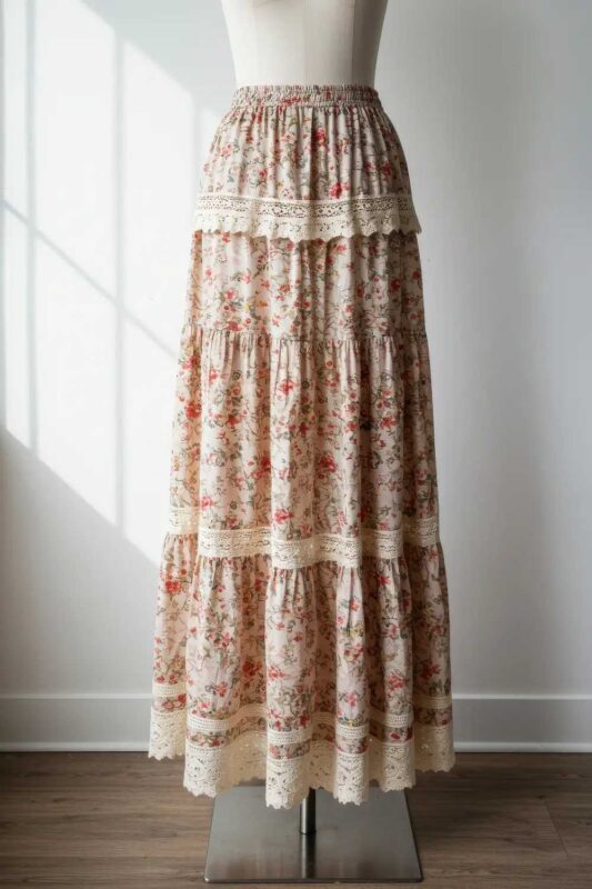 Bohemian tiered maxi skirt—soft floral print, lace trim, and delicate ruffles—styled on a mannequin or flat lay with natural lighting.