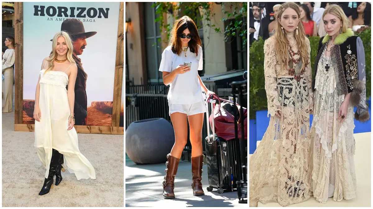 Celebrities in Moto Boho style include Sienna Miller, Emily Ratajkowski, and the Olsen twins.