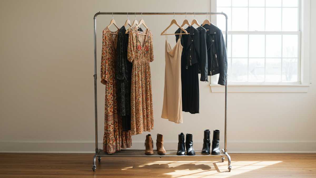 Clothing rack with flowing dresses and embroidered tops for Bohemian style, and leather jackets with slip dresses for Moto Boho.
