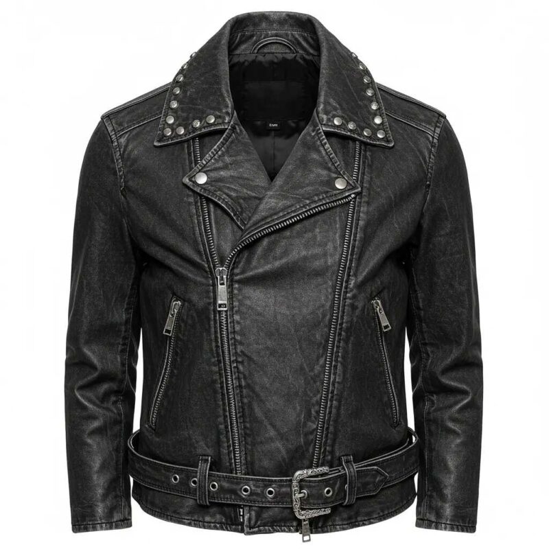 Close-up of a distressed black leather jacket—silver hardware, studded collar, and buckle details—styled on a clean white background.