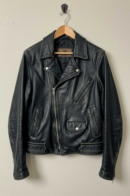 Distressed black leather jacket with vintage appearance essential for Moto Boho style.