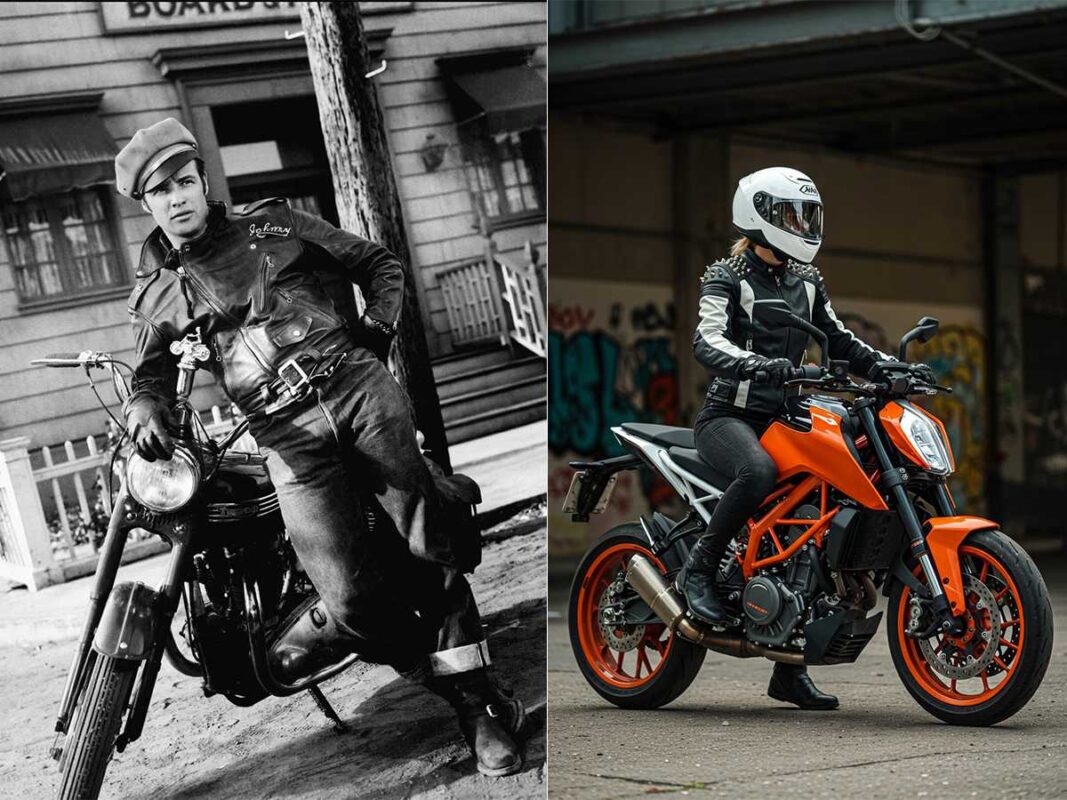 Motorcycle fashion evolution: Marlon Brando in 'The Wild One' (1953) with iconic leather jacket, paired with modern moto gear.