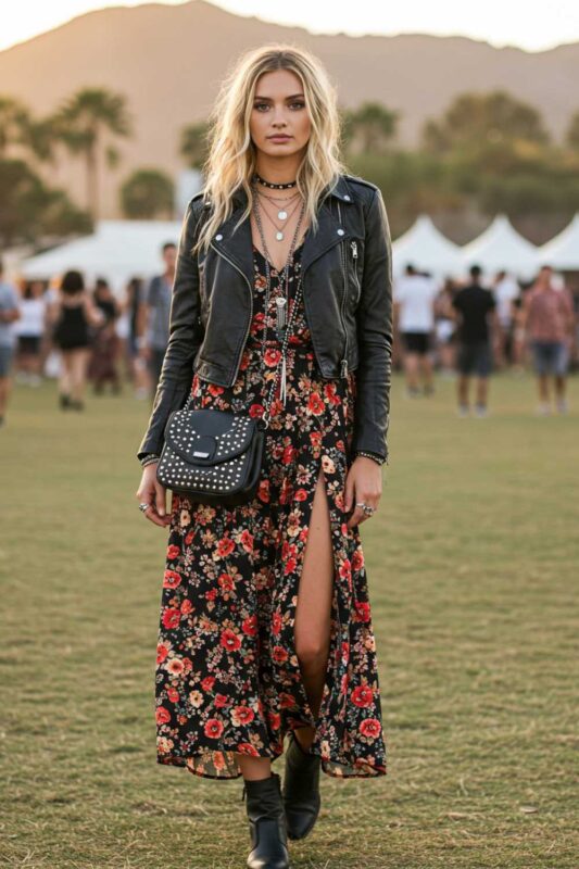 Fashion model in Moto Boho festival style—floral maxi dress, cropped leather jacket, chunky boots, layered necklaces, and studded crossbody bag.