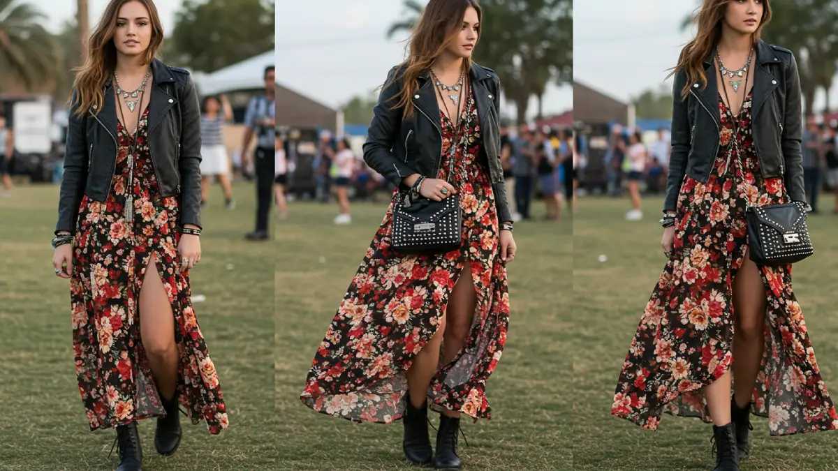 Fashion model in Moto Boho festival style—floral maxi dress, cropped leather jacket, chunky boots, layered necklaces, and studded crossbody bag.