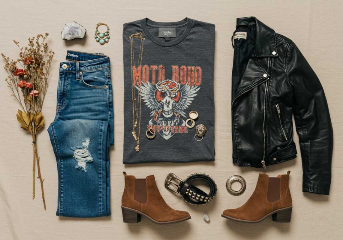 Flat lay of Moto Boho outfit including distressed jeans, band tee, leather jacket, and accessories.