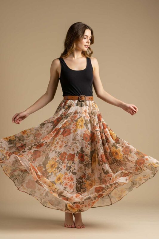 Flowing floral maxi skirt in movement, styled with black tank top and leather belt.