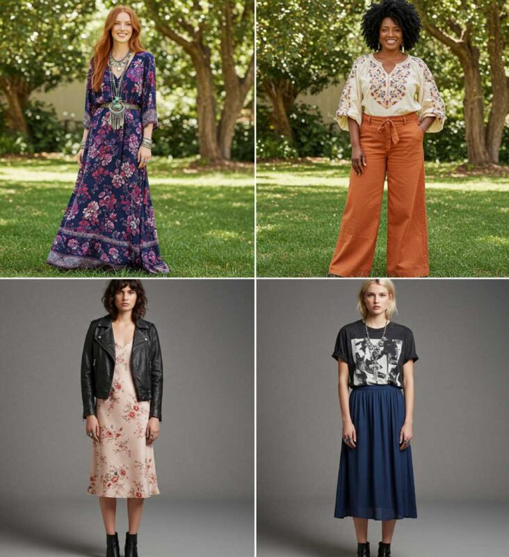 Four styled models showcasing two distinct vibes: Bohemian and Moto Boho.