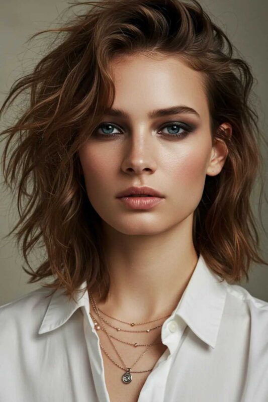 Beauty portrait of a model with tousled waves, natural makeup, subtle smoky eye, and layered necklaces, softly lit against a neutral backdrop.