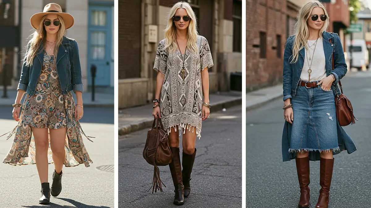Woman models three Moto Boho outfits—flowy dress with denim jacket, tunic with fringe bag, and denim skirt ensemble with knee-high boots.