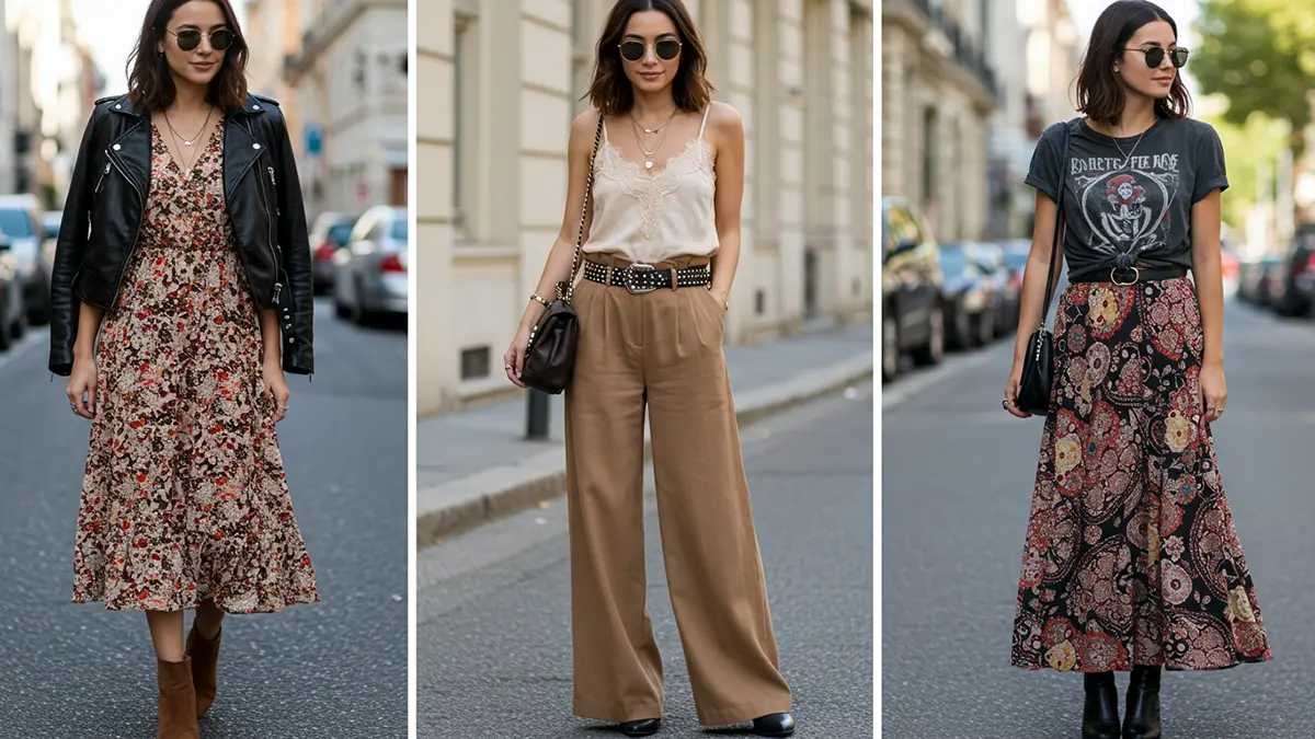 Moto Boho outfits: floral dress with leather jacket, wide-leg pants with lace camisole, maxi skirt with graphic tee.