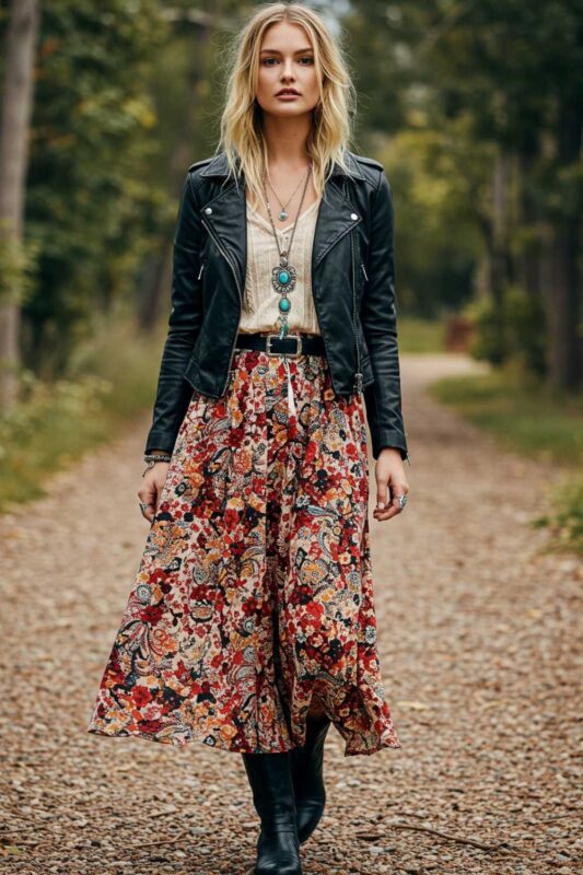 Model in Moto Boho style: leather jacket, floral maxi skirt, vintage blouse, moto boots, and layered silver jewelry with turquoise.