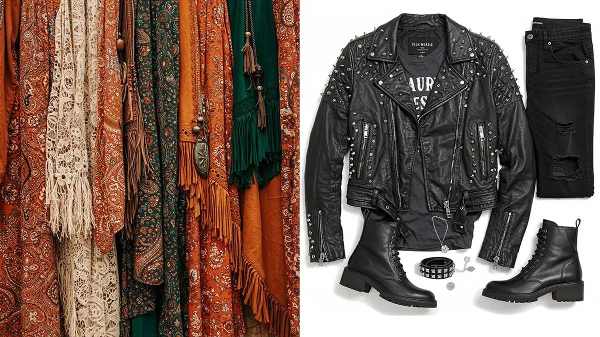 Flat lay with bohemian elements (flowing fabrics, floral patterns) and motorcycle style (leather jacket, moto boots).