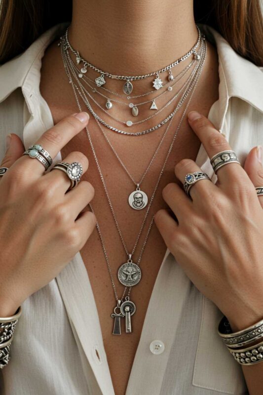 Close-up of layered mixed-metal necklaces, rings, and bracelets styled for Moto Boho aesthetic.