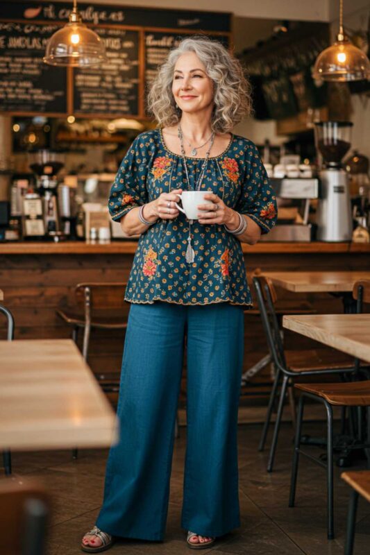 Bohemian-style mature woman in a coffee shop, wearing wide-leg pants and an embroidered top.