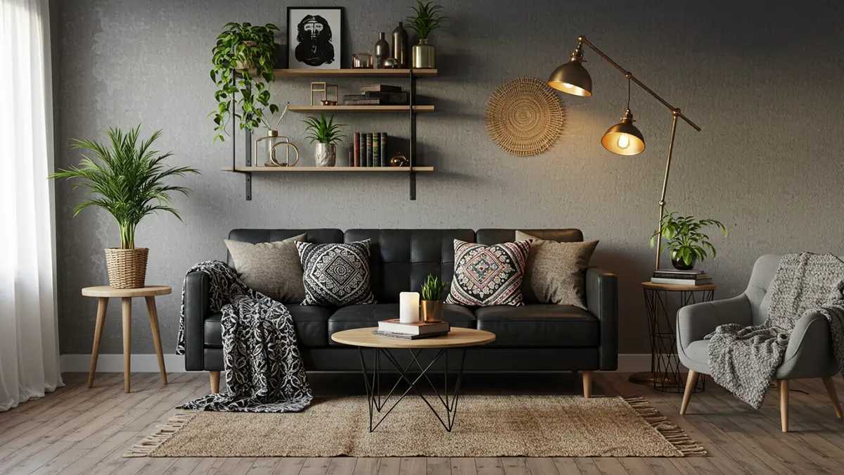 Stylish living room in Moto Boho aesthetic featuring a black leather sofa, bohemian pillows, industrial shelving, and warm lighting.