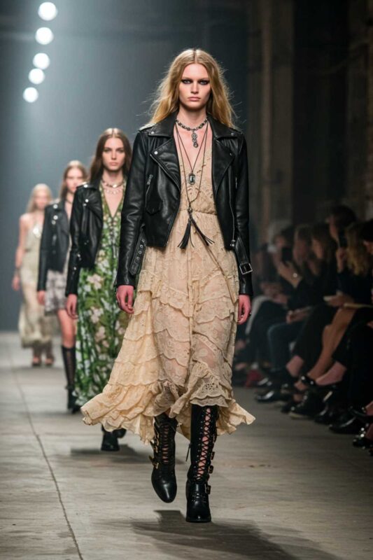 Runway models exude Moto Boho vibes: leather jackets with flowing dresses, chunky boots, and edgy-meets-whimsical urban flair.