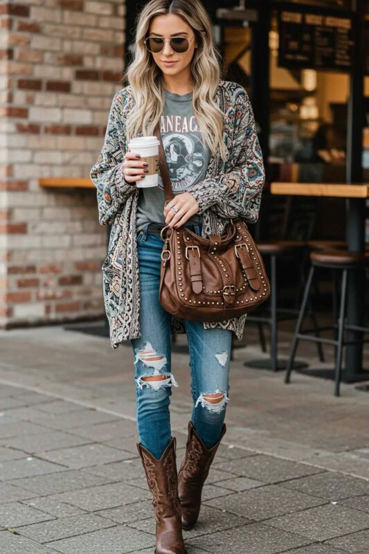 Stylish woman in a vintage band tee or flowy blouse, distressed jeans, oversized cardigan, Western boots, and hobo bag, enjoying coffee in a trendy café.