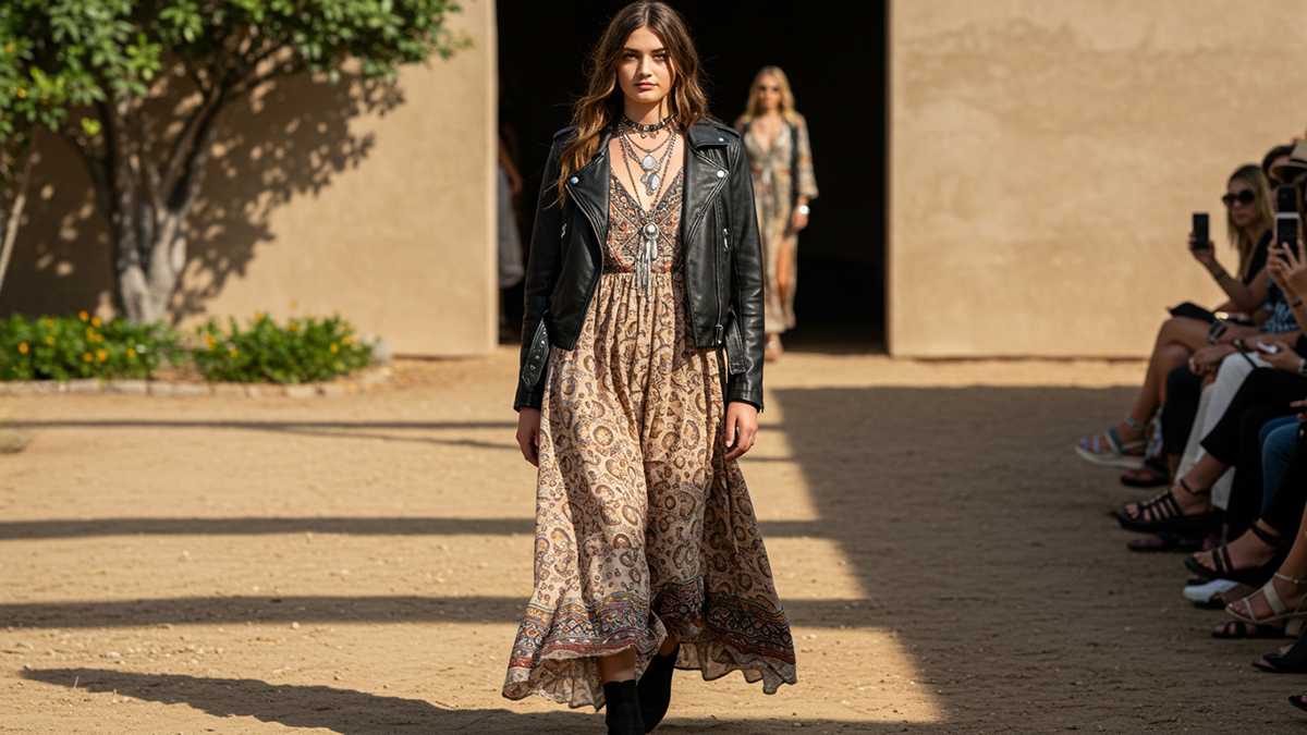 Runway shot of a 2025 Moto Boho look: leather jacket, bohemian maxi dress with Native-inspired patterns, silver jewelry, and boots.