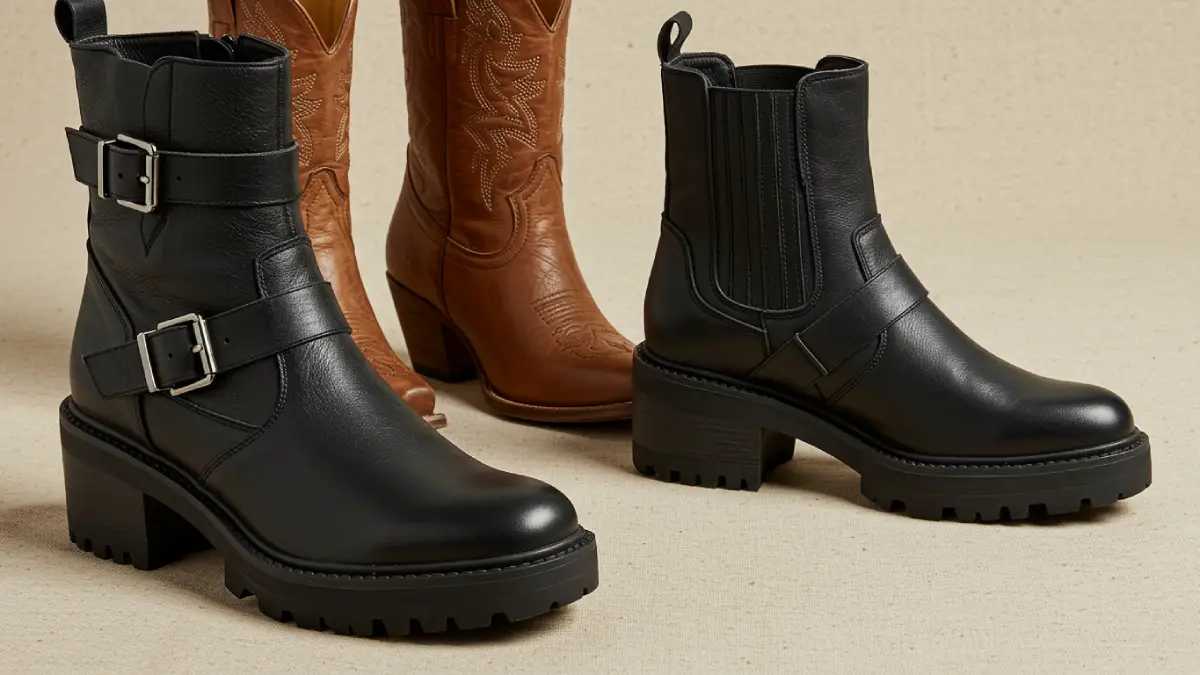 Chunky black leather biker boots with buckle details and worn-in texture alongside embroidered western boots on a neutral, textured surface.