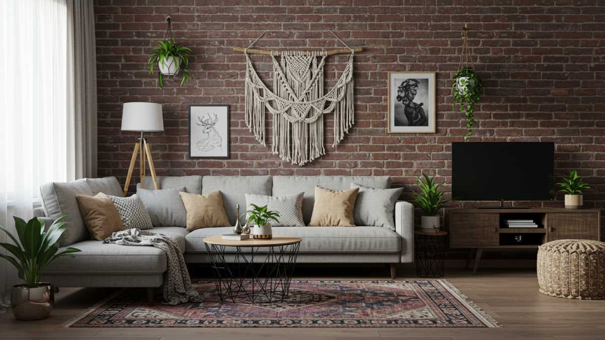 Moto Boho living room: industrial fixtures, exposed brick, macramé, lush plants, and soft textiles for a warm, balanced design.