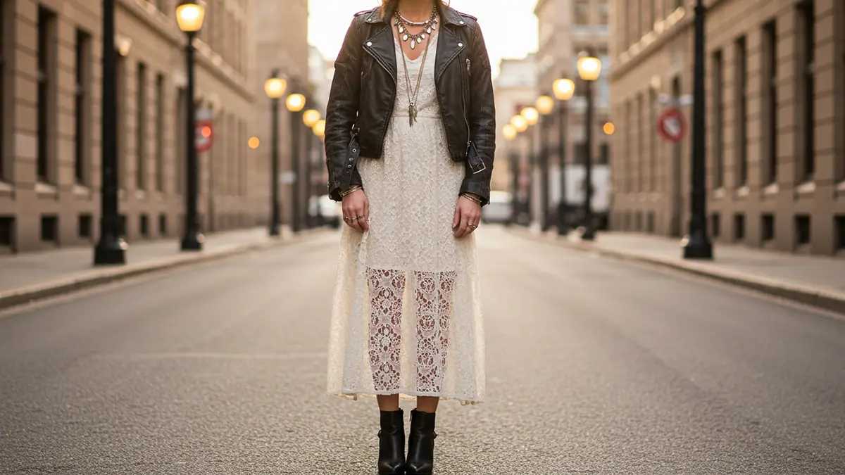 Fashionable woman in lace maxi dress, black leather jacket, moto boots, layered jewelry, urban setting.