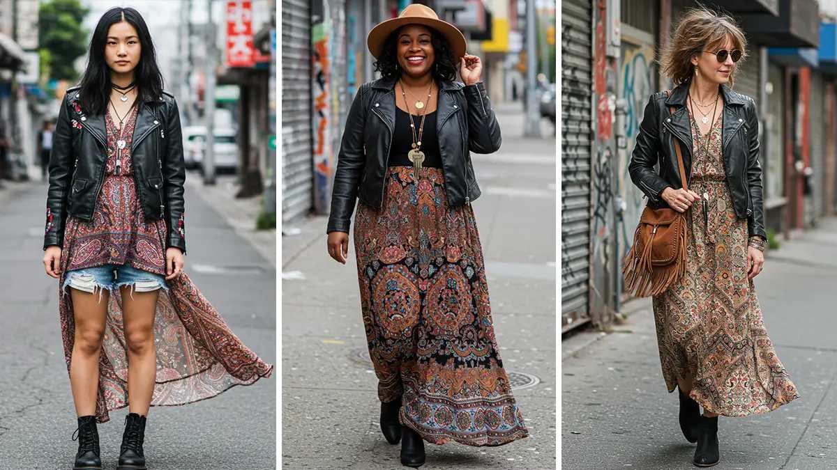Three diverse models of different body types, ages, and ethnicities showcase their unique Moto Boho looks in a casual street-style setting.