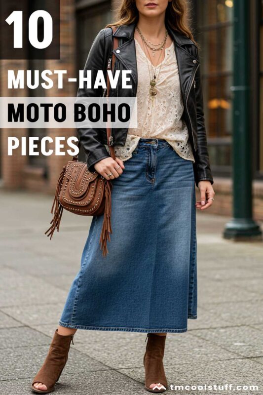 Full Moto Boho outfit combining leather jacket, feminine elements, vintage denim, and statement accessories demonstrating the complete 2025 trend look.