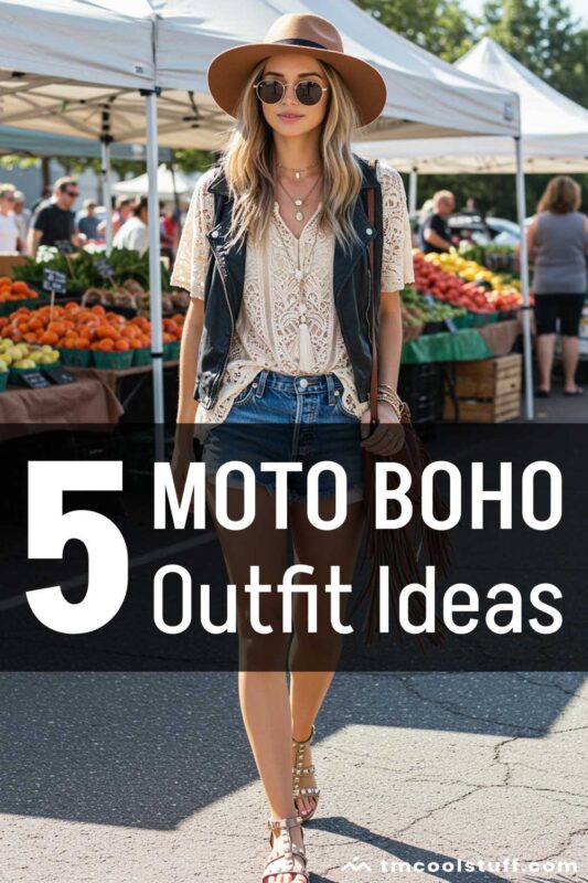 Effortless charm: lace boho top, denim shorts, leather vest, studded sandals, and fringe bag as she strolls through a sunlit market.