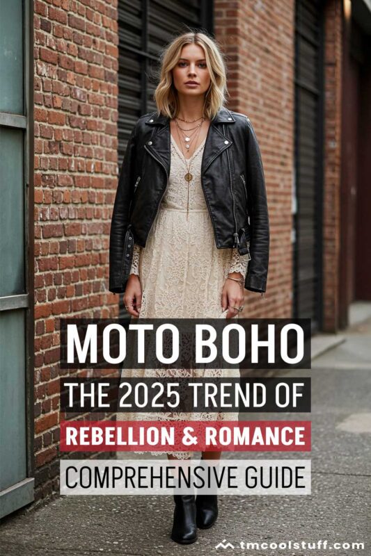Fashionable woman in Moto Boho style—lace maxi dress, distressed leather jacket, chunky moto boots, and layered jewelry in urban light.