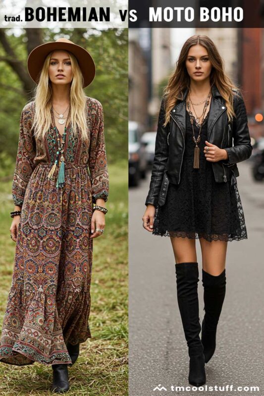 Two models: one in bohemian style in nature, the other in Moto Boho with leather and lace in the city.