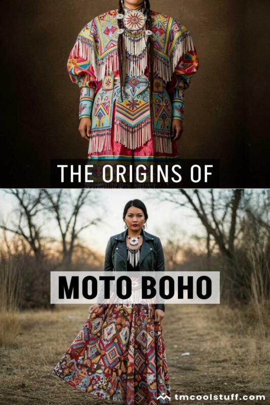 Fashion fusion: vibrant Choctaw dress highlighting cultural heritage paired with Moto Boho modernity—leather and flowing skirt.