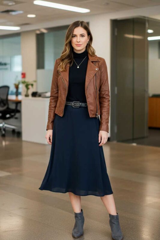 Moto Boho workwear: navy midi skirt, black turtleneck, brown leather jacket, ankle boots, and studded belt—effortlessly sleek for the office.