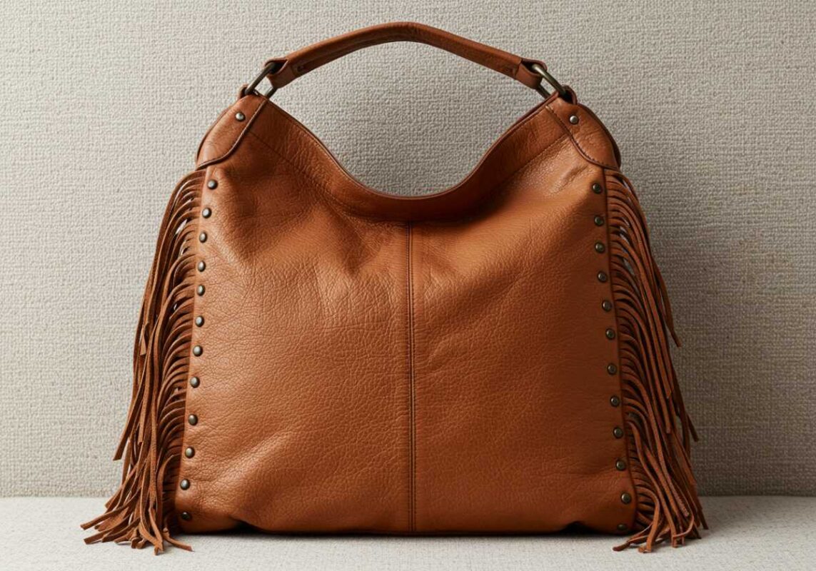 Slouchy cognac leather hobo bag with studs and fringe details for Moto Boho style.