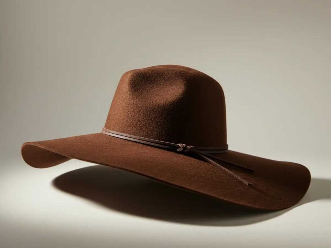 Wide-brimmed brown felt hat: minimalist style with a sleek leather band, radiating bohemian elegance and effortless sophistication.
