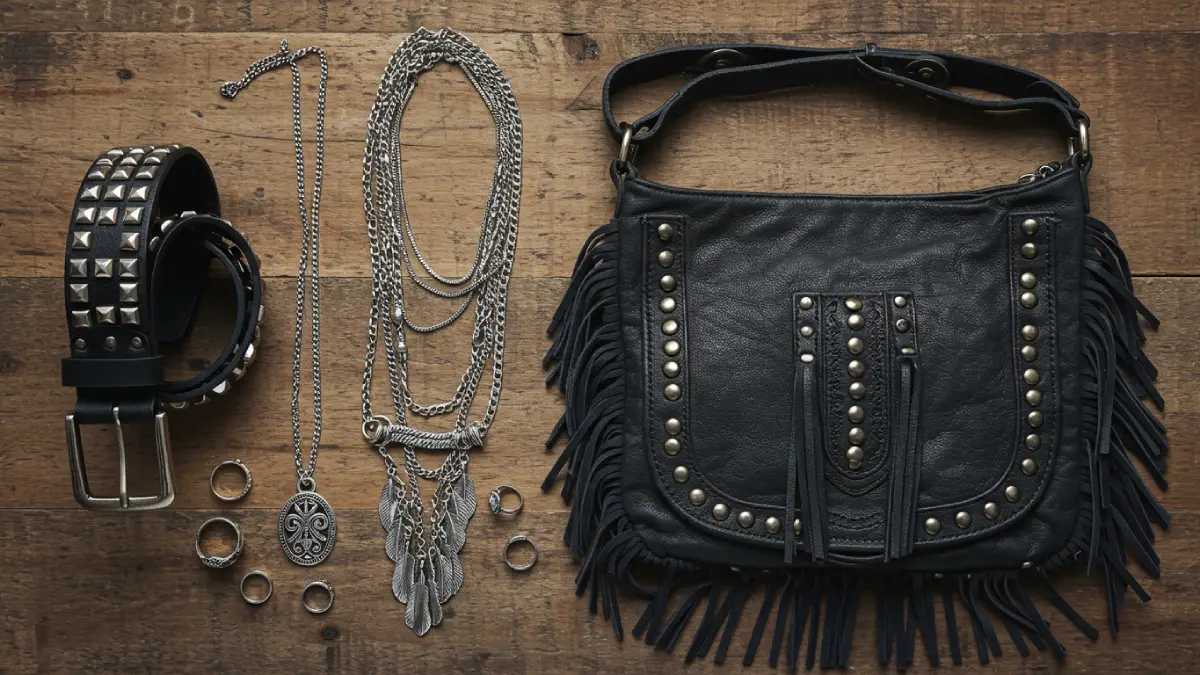 Moto Boho flat lay: studded belt, layered necklaces, fringe bag, and stacked rings arranged on rustic wood.