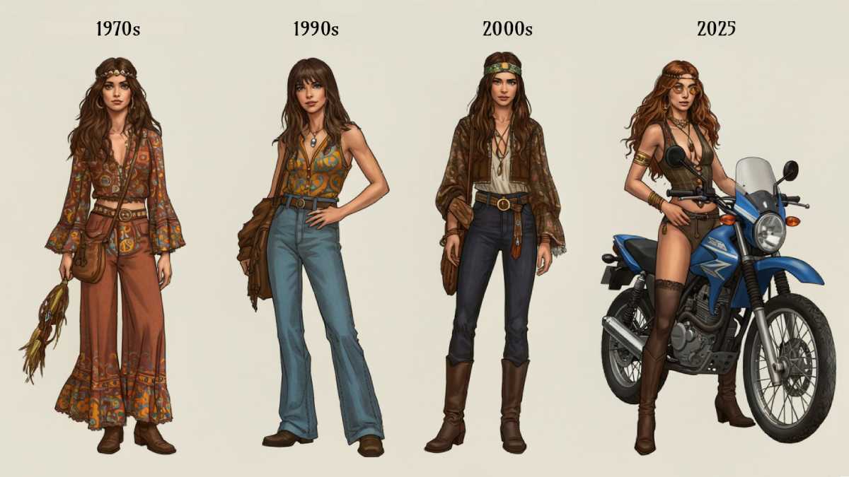 Illustration tracing bohemian fashion's journey: 1960s hippie, 1990s grunge-bohemian, 2000s boho-chic, and 2025 Moto Boho styles.