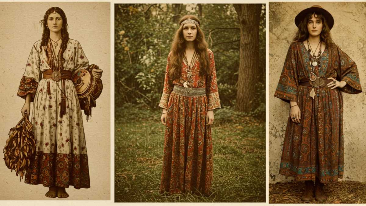 Collage showing bohemian style evolution: 19th-century Parisian bohemians, 1960s hippie fashion, and 2000s boho chic with artistic flair.