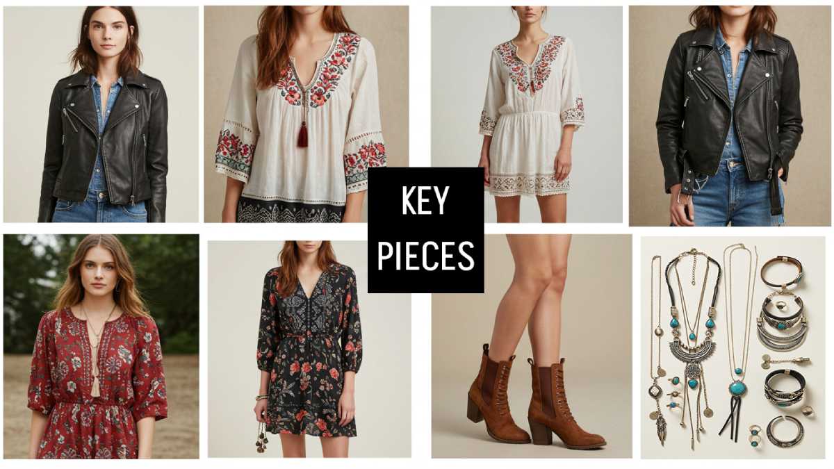 Collage blending Moto Boho style: leather jackets, flowing dresses, embroidered blouses, chunky boots, and layered jewelry.