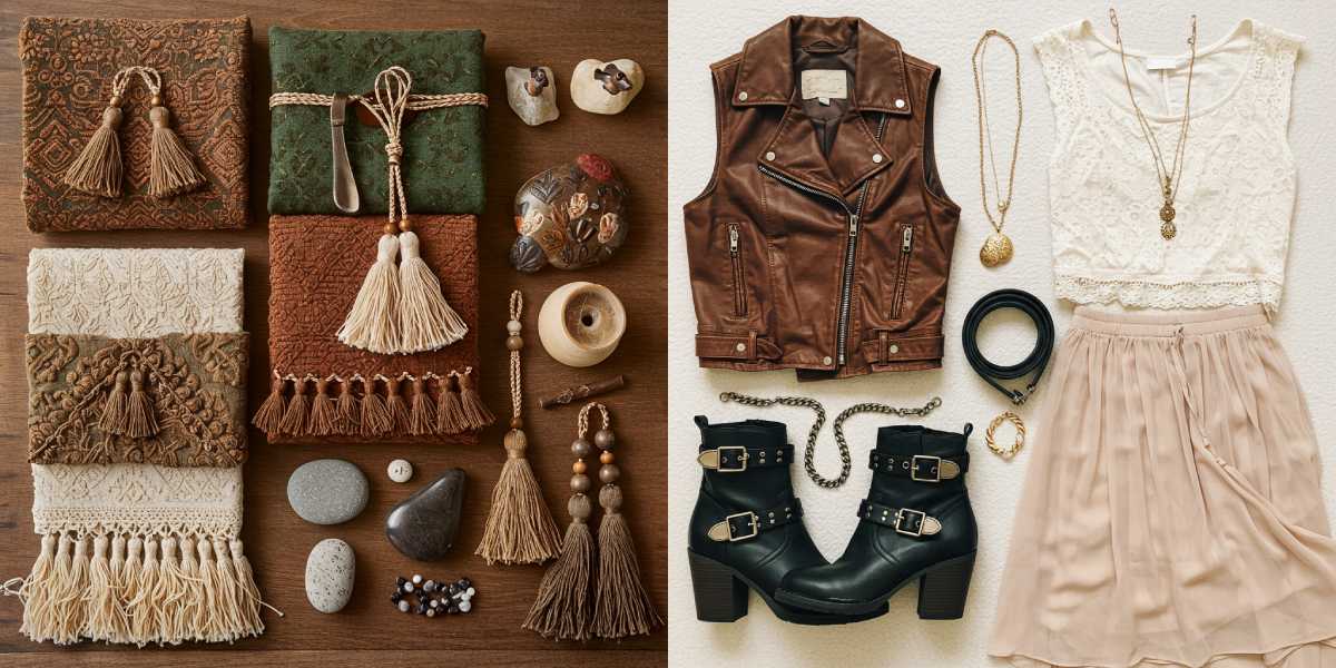 Flat lay comparison of two styles: Bohemian with earth tones, tassels, and embroidery; Moto Boho with leather, lace, and edgy boots.