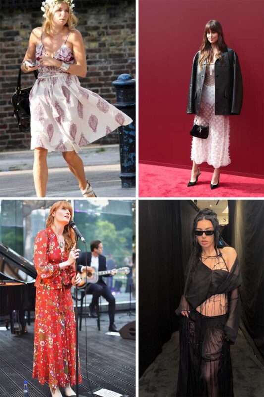 Photo collage of celebrities: Sienna Miller and Florence Welch in bohemian style, Dakota Johnson and Charli XCX in Moto Boho.