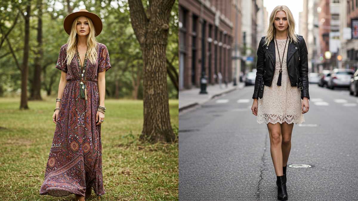 Two models side-by-side: one in a bohemian maxi dress and floppy hat, the other in Moto Boho leather and lace, both stylish.