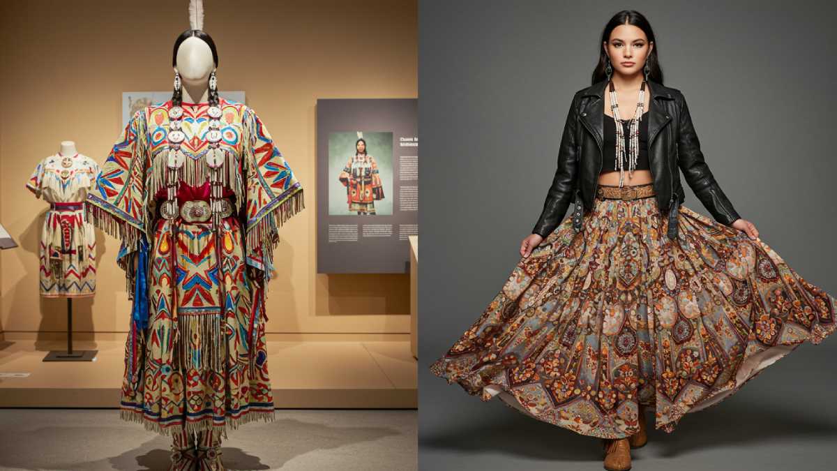 Contrast in styles: vibrant Choctaw dress with cultural details on the left, Moto Boho modernity with leather and patterns on the right.