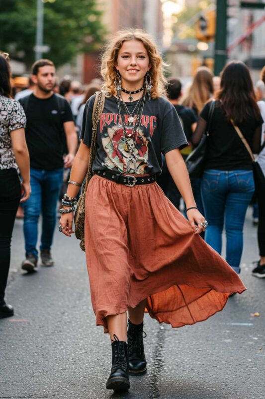Young girl in Moto Boho style on a busy street, wearing a graphic tee, flowing skirt, and bold chunky accessories.