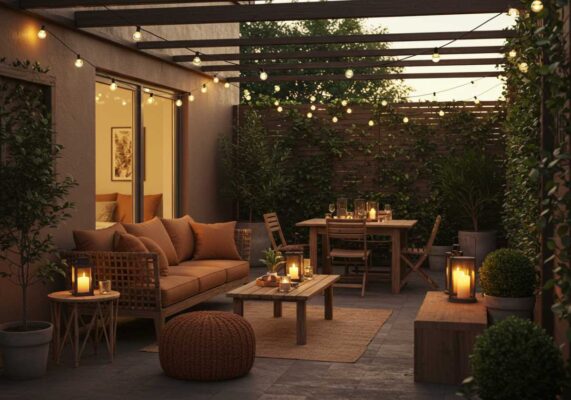 Inviting outdoor living space with comfortable seating, warm lighting, and lush plants.